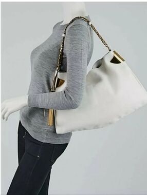 Gucci Tom Ford White Leather Shoulder Hobo Bag with Gold Chain Detail